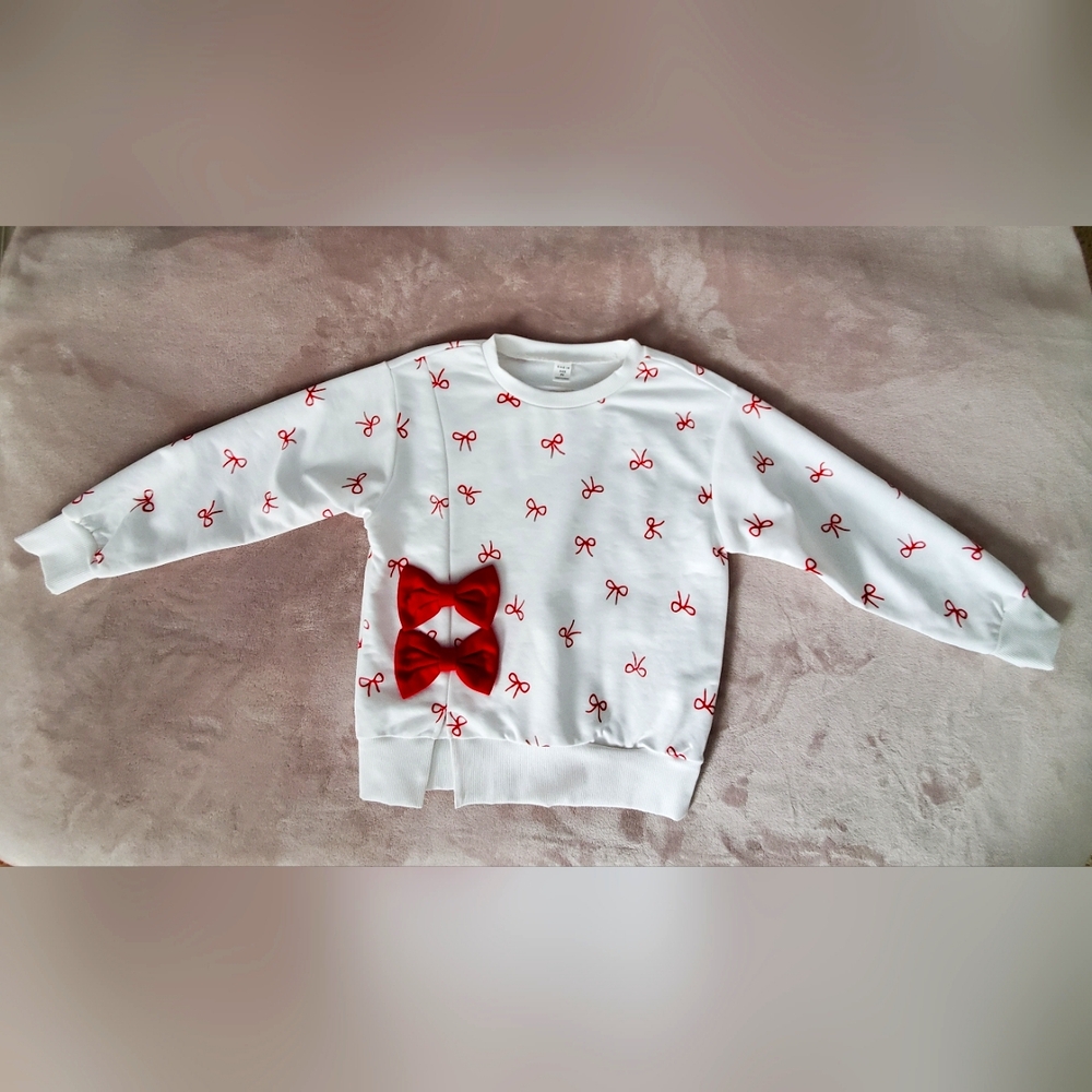 White Sweatshirt with Red Bow Pattern Girls